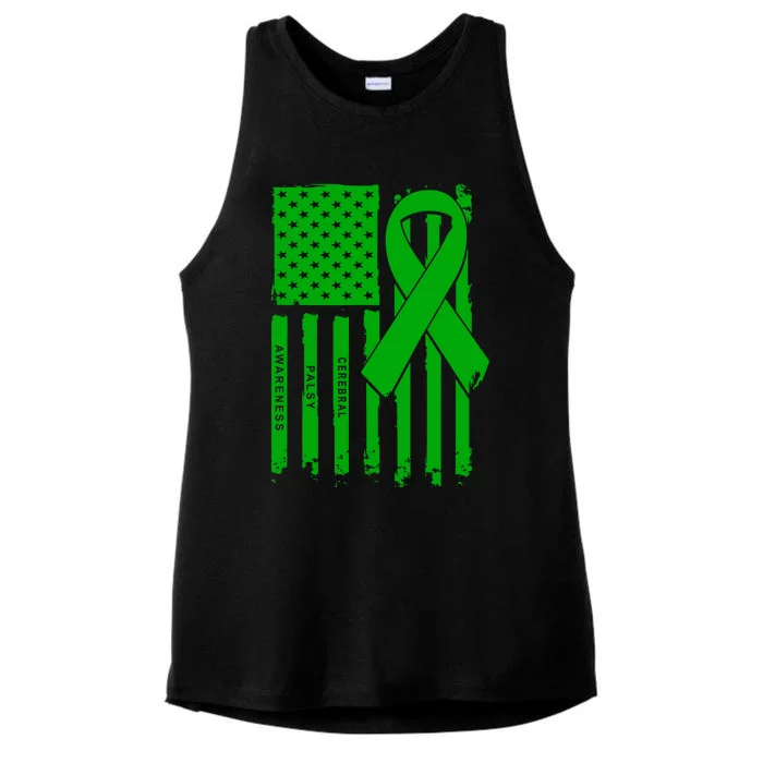 American Flag Green Ribbon Cerebral Palsy Awareness Meaningful Gift Ladies Tri-Blend Wicking Tank