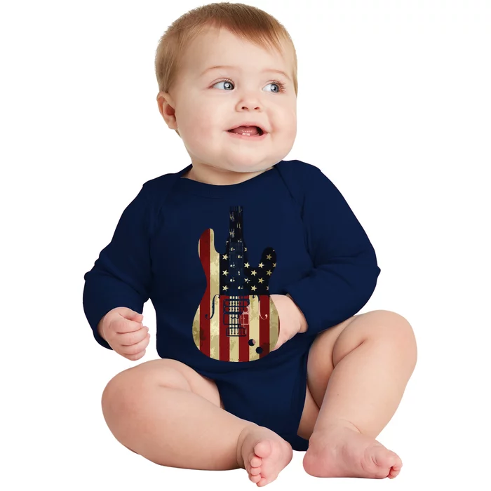 American Flag Guitar 4th Of July Patriotic Tee Great Gift Baby Long Sleeve Bodysuit