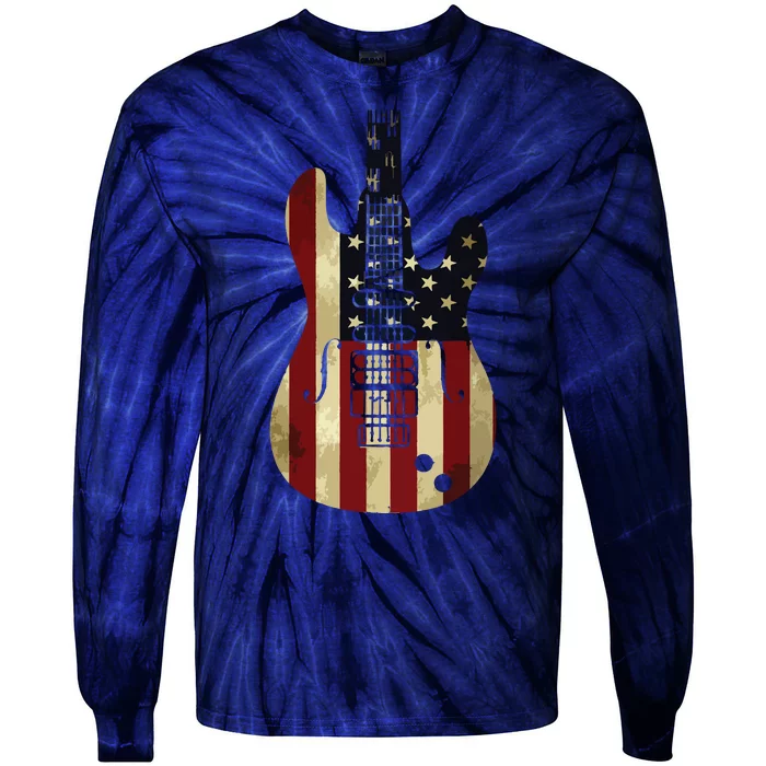 American Flag Guitar 4th Of July Patriotic Tee Great Gift Tie-Dye Long Sleeve Shirt