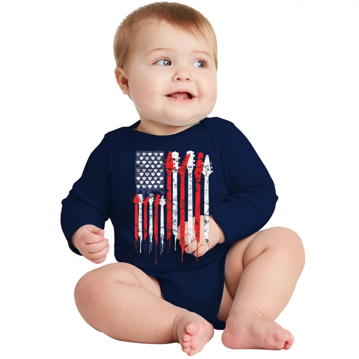 American Flag Guitar Red White Patriotic Music Lover Baby Long Sleeve Bodysuit