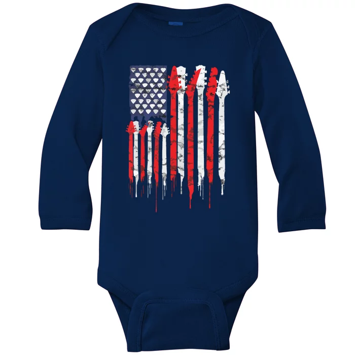 American Flag Guitar Red White Patriotic Music Lover Baby Long Sleeve Bodysuit