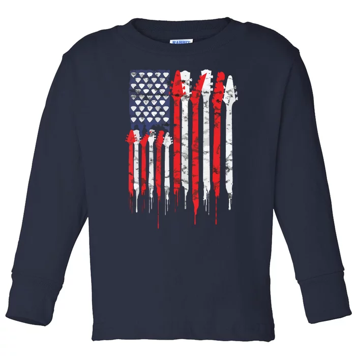 American Flag Guitar Red White Patriotic Music Lover Toddler Long Sleeve Shirt