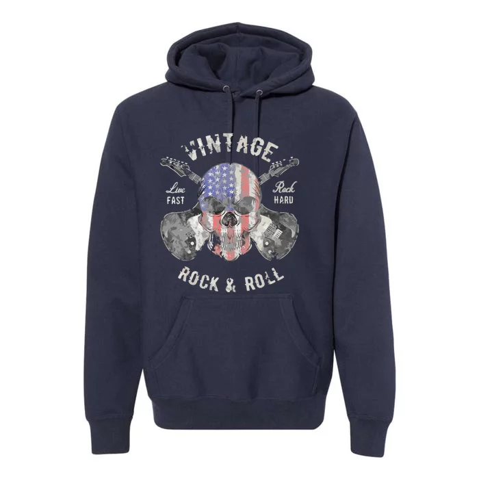 American Flag Guitar Vintage Rock And Roll Skull Guitarist Premium Hoodie