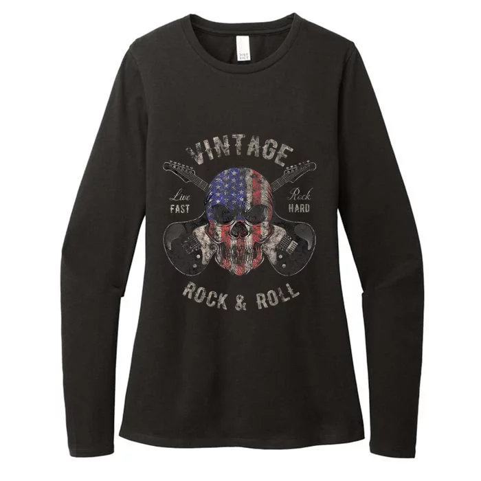 American Flag Guitar Vintage Rock and Roll Skull Guitarist Womens CVC Long Sleeve Shirt