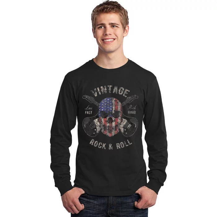 American Flag Guitar Vintage Rock and Roll Skull Guitarist Tall Long Sleeve T-Shirt