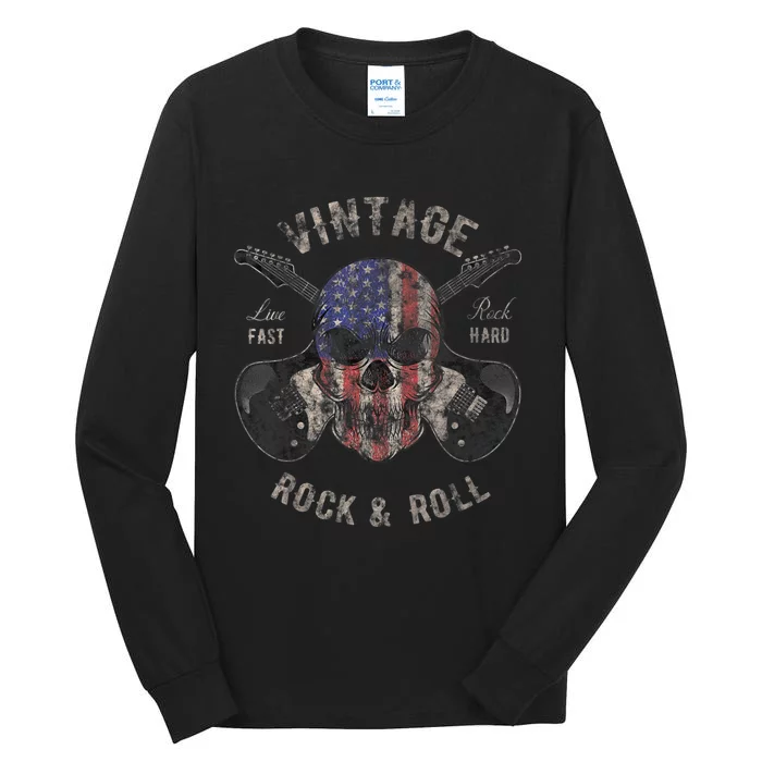 American Flag Guitar Vintage Rock and Roll Skull Guitarist Tall Long Sleeve T-Shirt