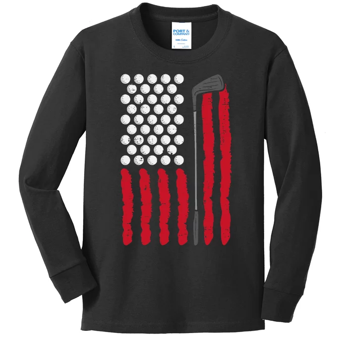 American Flag Golf Balls And Club Vintage Golfing Golfer Kids Long Sleeve Shirt