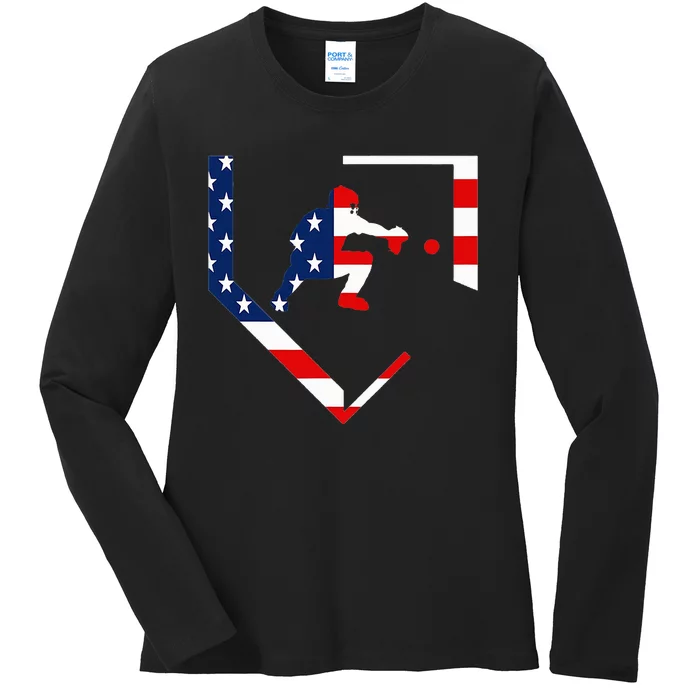 American Flag Graphic Baseball Catcher Gear Baseballin Gift Ladies Long Sleeve Shirt