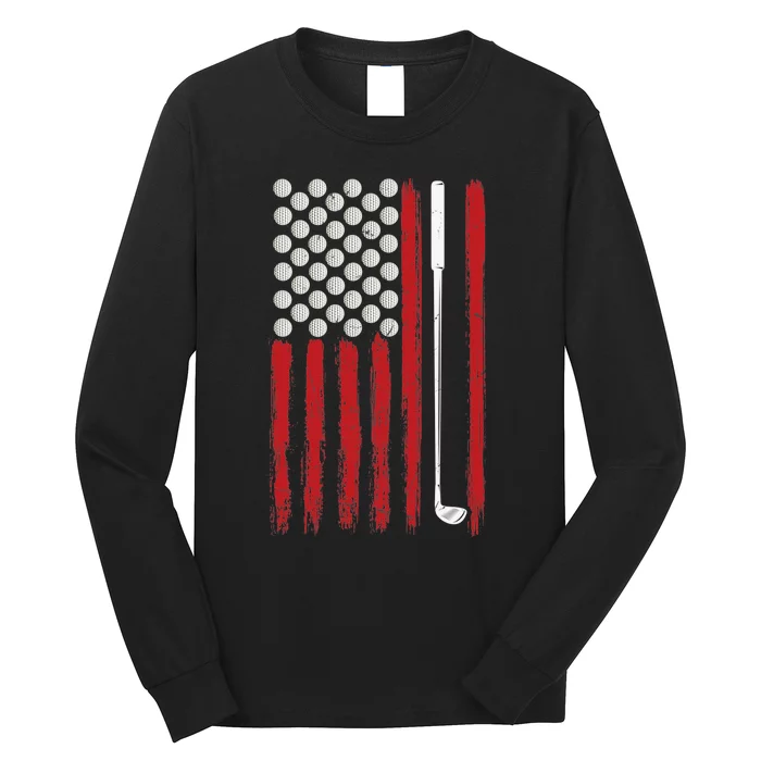 American Flag Golf Balls And Club Vintage Golfing Long Sleeve Shirt