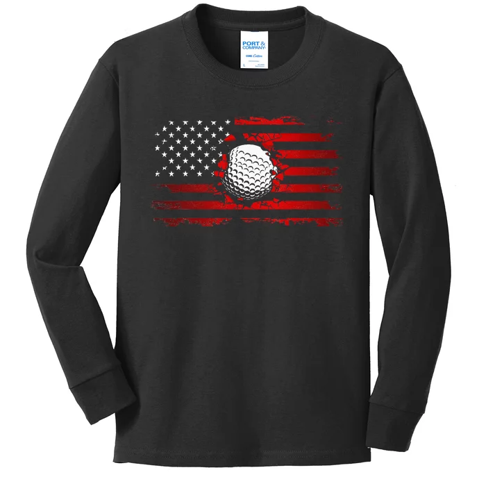 American Flag Golf Kids Long Sleeve Shirt