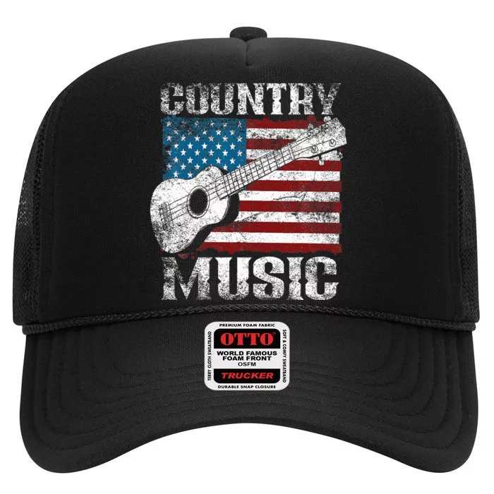 American Flag Guitar Player Funny Country Music Lover High Crown Mesh Trucker Hat