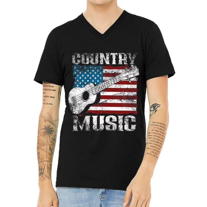 American Flag Guitar Player Funny Country Music Lover V-Neck T-Shirt