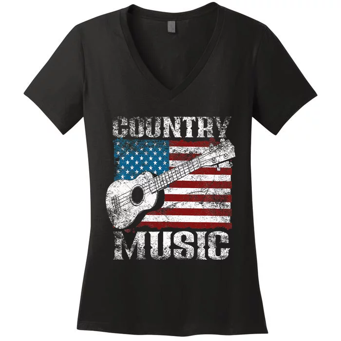 American Flag Guitar Player Funny Country Music Lover Women's V-Neck T-Shirt