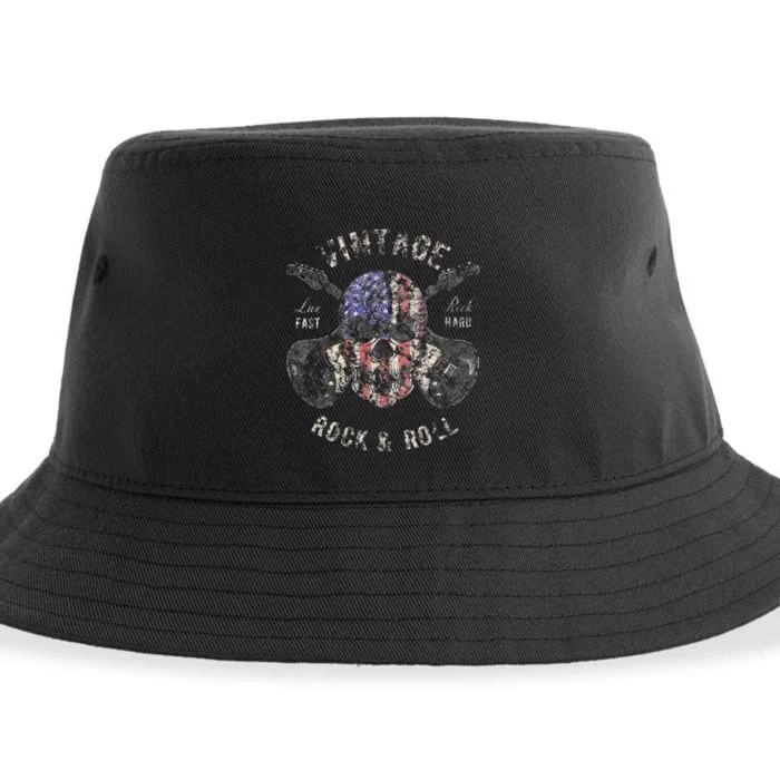 American Flag Guitar Vintage Rock and Roll Skull Guitarist Sustainable Bucket Hat