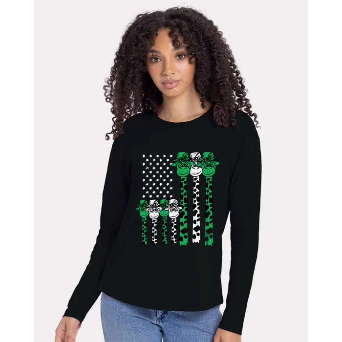 American Flag Giraffe St Patricks Day Funny Animal Shamrock Womens Cotton Relaxed Long Sleeve T-Shirt