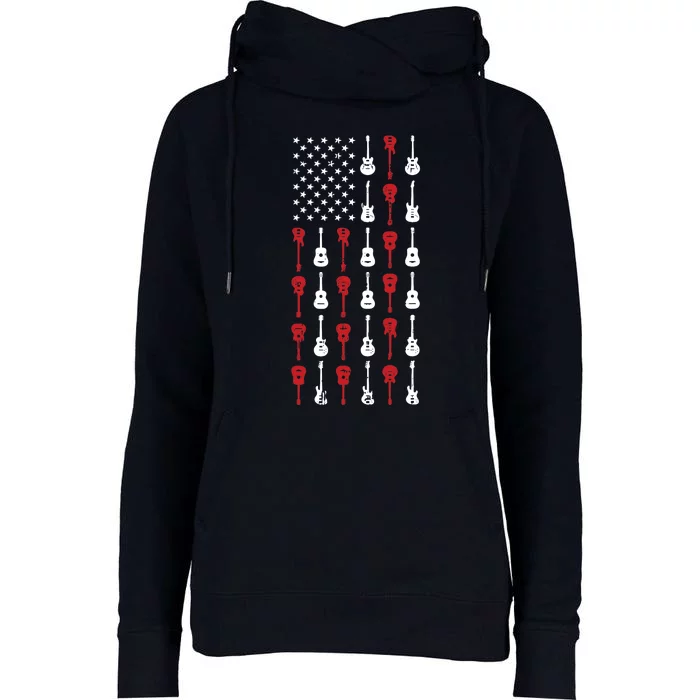 American Flag Guitar 4th Of July Vintage Patriotic Guitarist Womens Funnel Neck Pullover Hood