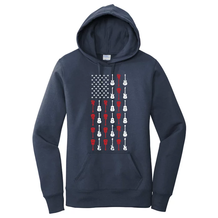 American Flag Guitar 4th Of July Vintage Patriotic Guitarist Women's Pullover Hoodie