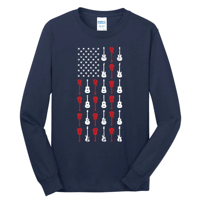 American Flag Guitar 4th Of July Vintage Patriotic Guitarist Tall Long Sleeve T-Shirt