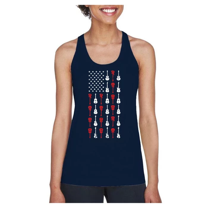 American Flag Guitar 4th Of July Vintage Patriotic Guitarist Women's Racerback Tank