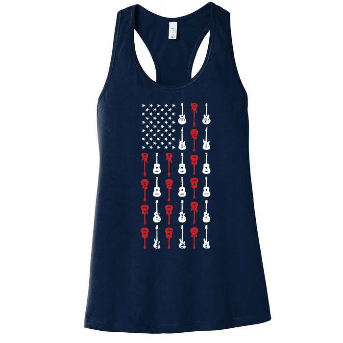 American Flag Guitar 4th Of July Vintage Patriotic Guitarist Women's Racerback Tank