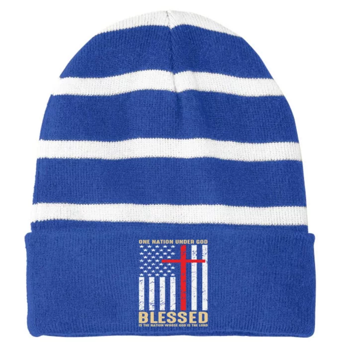 American Flag Gift One Nation Under God Great Gift Striped Beanie with Solid Band