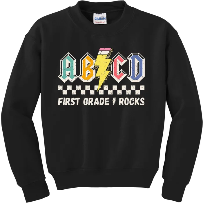 ABCD First Grade Rocks Pencil Lightning Teachers Rock Kids Sweatshirt