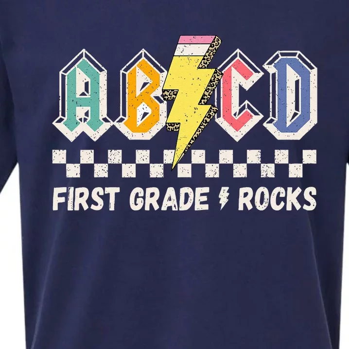 ABCD First Grade Rocks Pencil Lightning Teachers Rock Sueded Cloud Jersey T-Shirt