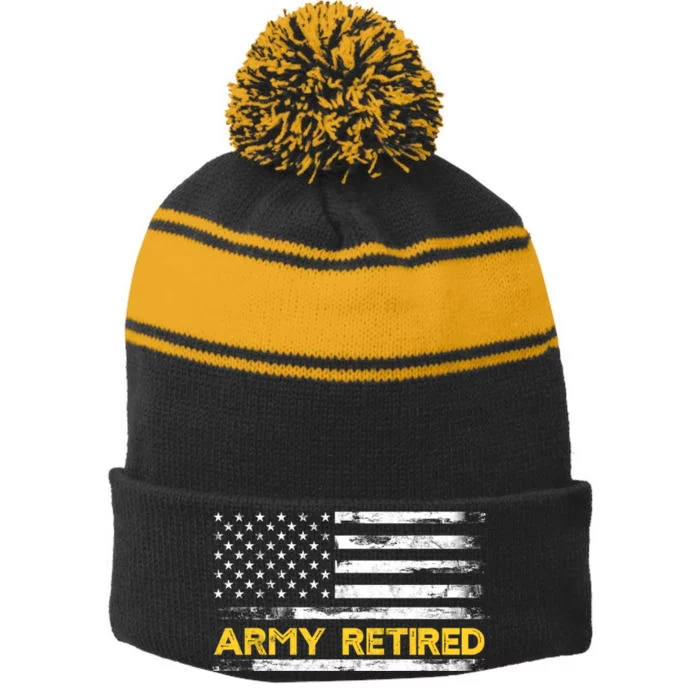 American Flag Gift Army Retired Military Army Thin Goldline Stripe Pom Pom Beanie