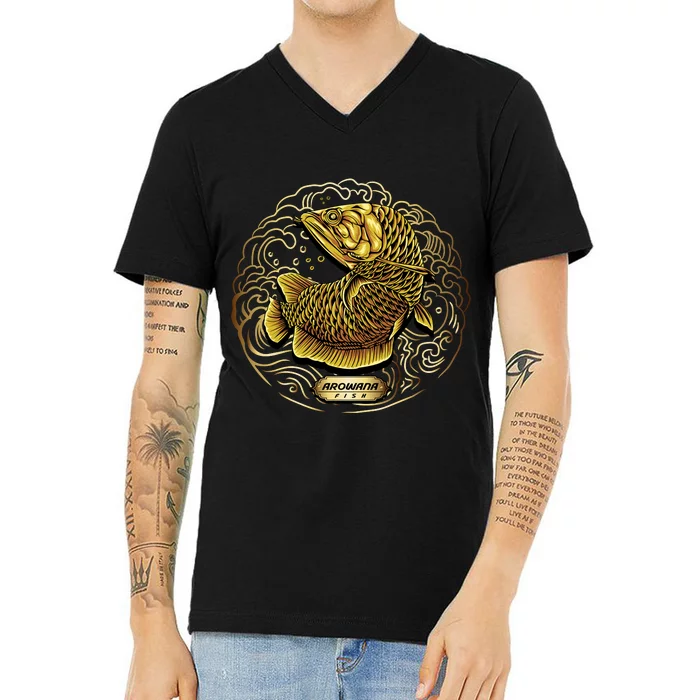 Arowana Fish Gold V-Neck T-Shirt