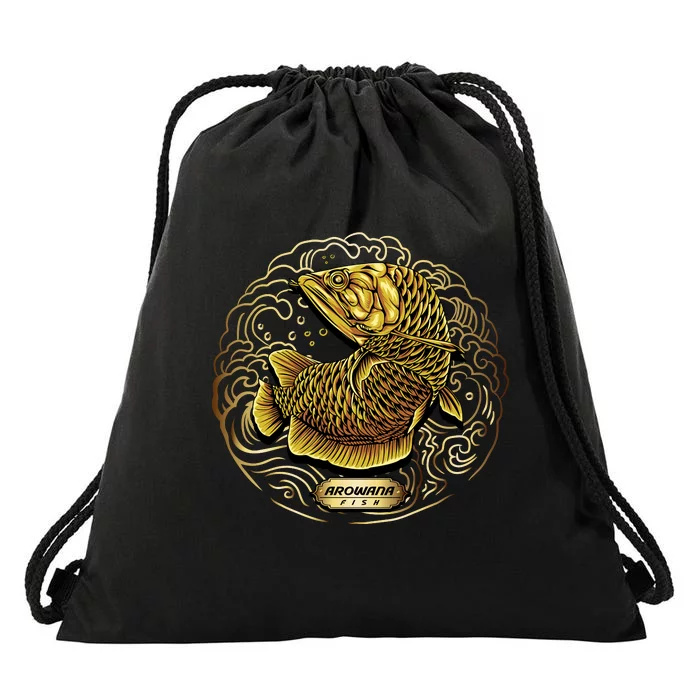 Arowana Fish Gold Drawstring Bag