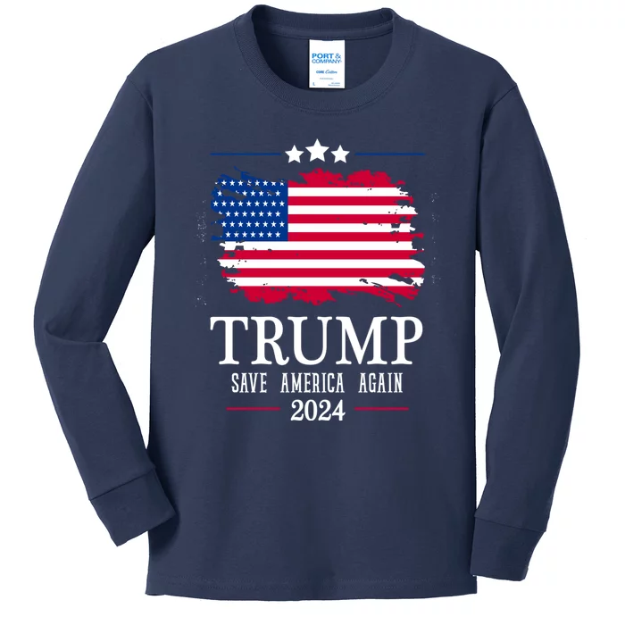 American Flag Gift Trump 2024 Save America Again Kids Long Sleeve Shirt