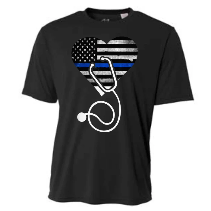 American Flag Heart with Police Thin Blue Line Nurse RN LVN Cooling Performance Crew T-Shirt