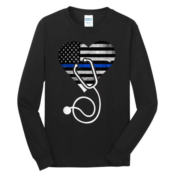 American Flag Heart with Police Thin Blue Line Nurse RN LVN Tall Long Sleeve T-Shirt