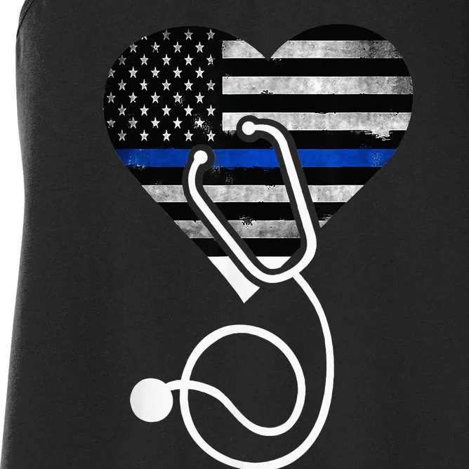 American Flag Heart with Police Thin Blue Line Nurse RN LVN Women's Racerback Tank