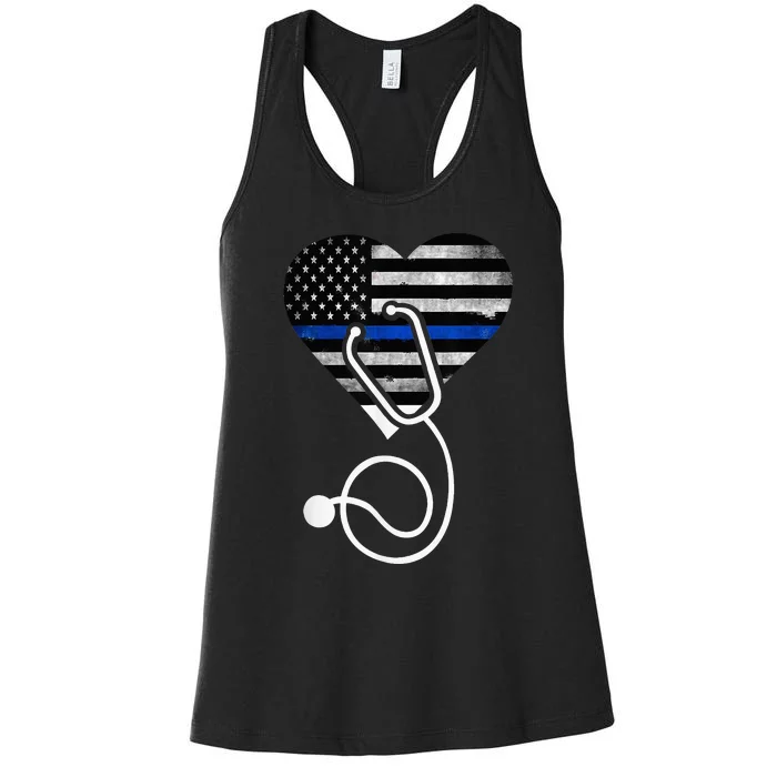 American Flag Heart with Police Thin Blue Line Nurse RN LVN Women's Racerback Tank