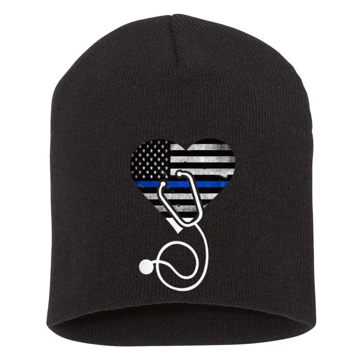 American Flag Heart with Police Thin Blue Line Nurse RN LVN Short Acrylic Beanie