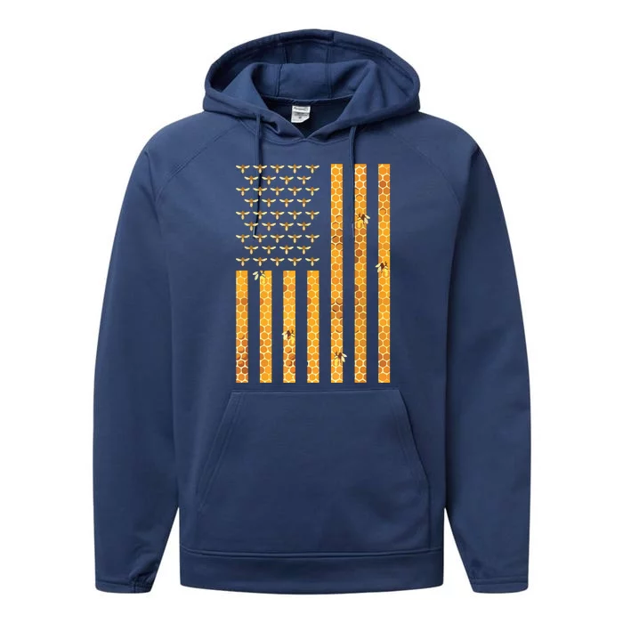 American Flag Honeycomb Honey Bees Beekeeping Beekeeper Gift Performance Fleece Hoodie