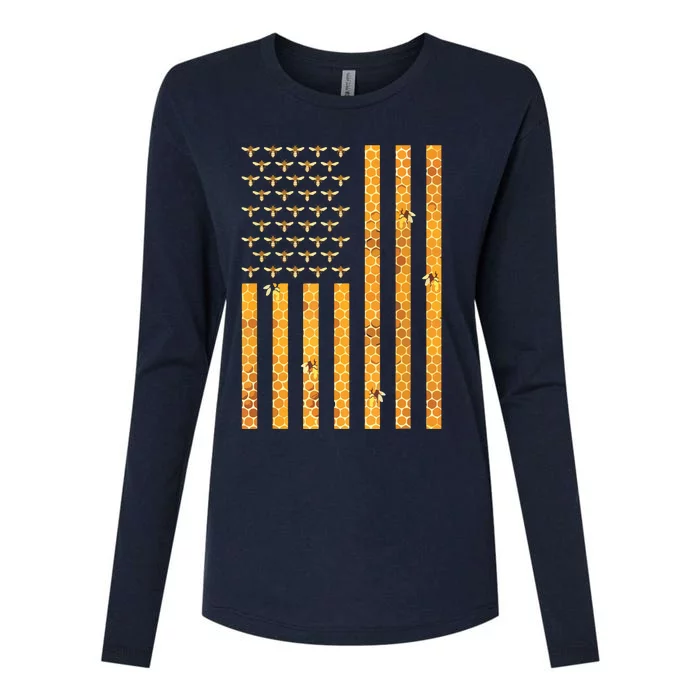 American Flag Honeycomb Honey Bees Beekeeping Beekeeper Gift Womens Cotton Relaxed Long Sleeve T-Shirt