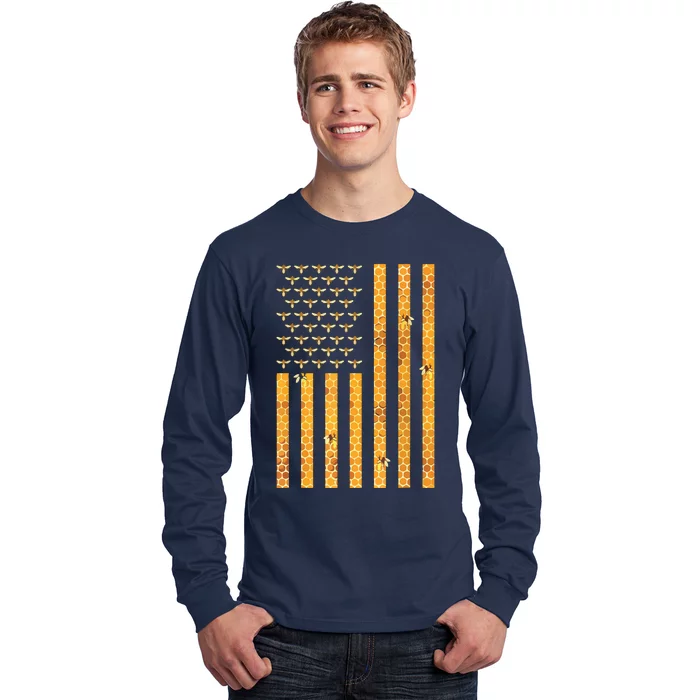 American Flag Honeycomb Honey Bees Beekeeping Beekeeper Gift Long Sleeve Shirt