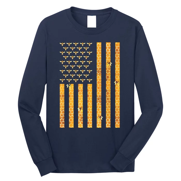 American Flag Honeycomb Honey Bees Beekeeping Beekeeper Gift Long Sleeve Shirt