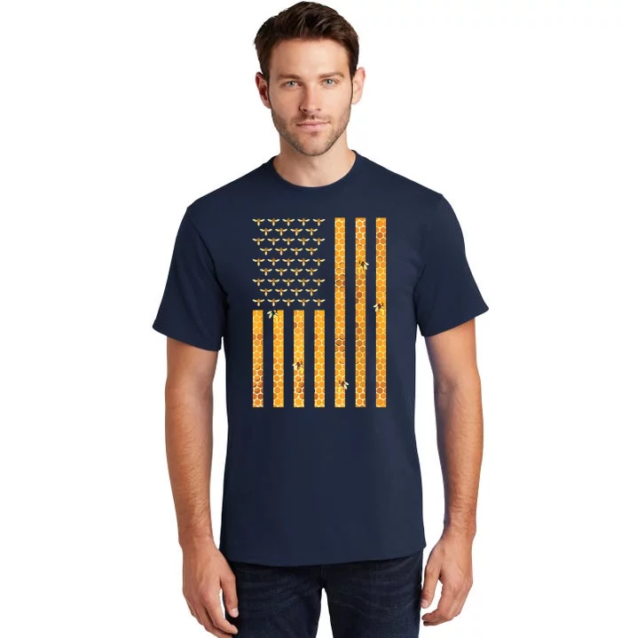 American Flag Honeycomb Honey Bees Beekeeping Beekeeper Gift Tall T-Shirt