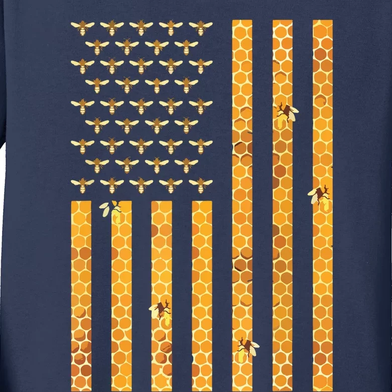 American Flag Honeycomb Honey Bees Beekeeping Beekeeper Gift Kids Long Sleeve Shirt