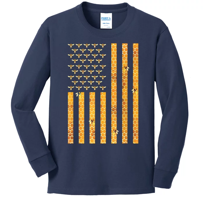 American Flag Honeycomb Honey Bees Beekeeping Beekeeper Gift Kids Long Sleeve Shirt