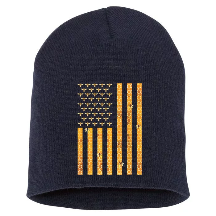 American Flag Honeycomb Honey Bees Beekeeping Beekeeper Gift Short Acrylic Beanie