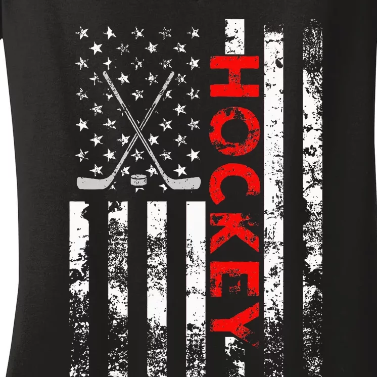 American Flag Hockey Usa Patriotic Women's V-Neck T-Shirt