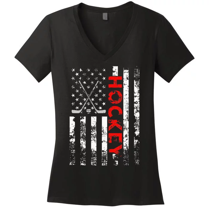 American Flag Hockey Usa Patriotic Women's V-Neck T-Shirt