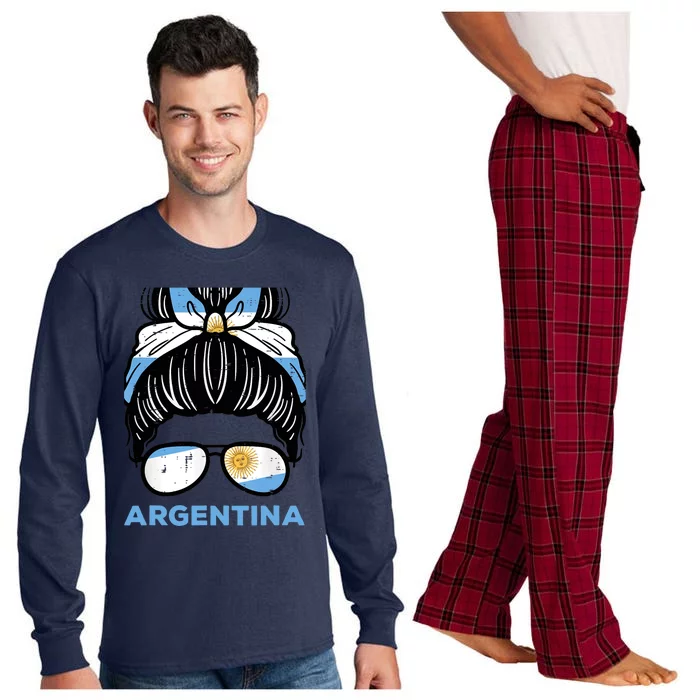 Argentina Flag Hairbun Football Soccer Fan Wo Girls Long Sleeve Pajama Set