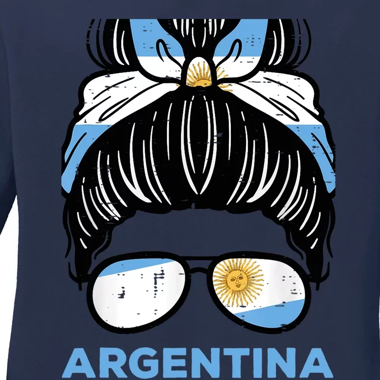 Argentina Flag Hairbun Football Soccer Fan Wo Girls Ladies Long Sleeve Shirt