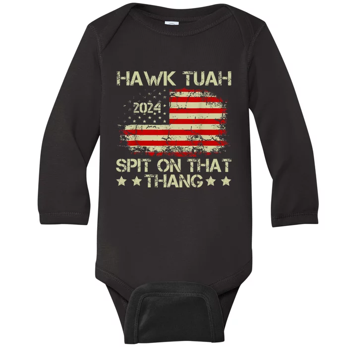 American Flag Hawk Tuah 24 Spit On That Thang Baby Long Sleeve Bodysuit