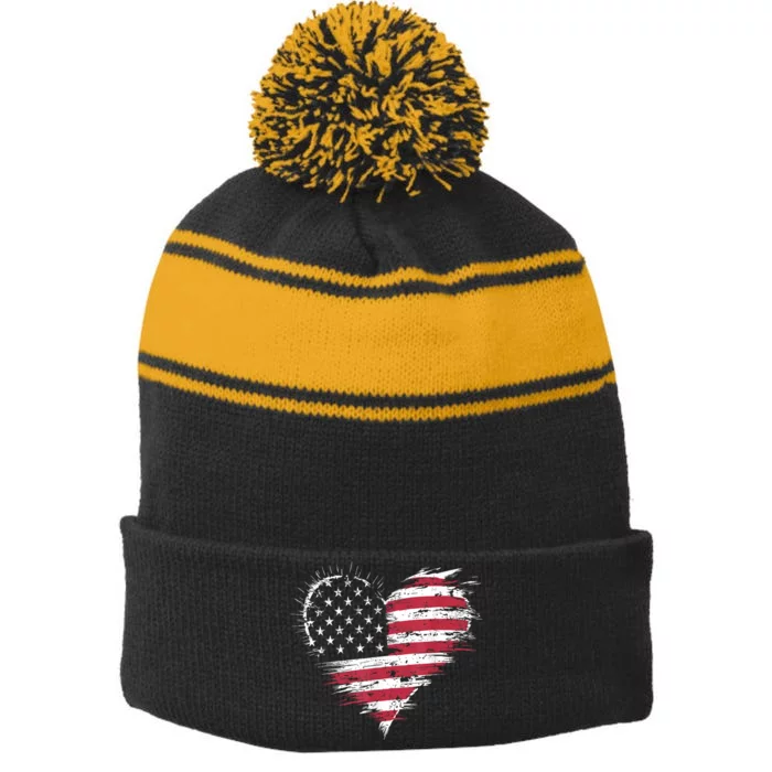 American Flag Heart Women 4th Of July Patriotic Usa Stripe Pom Pom Beanie